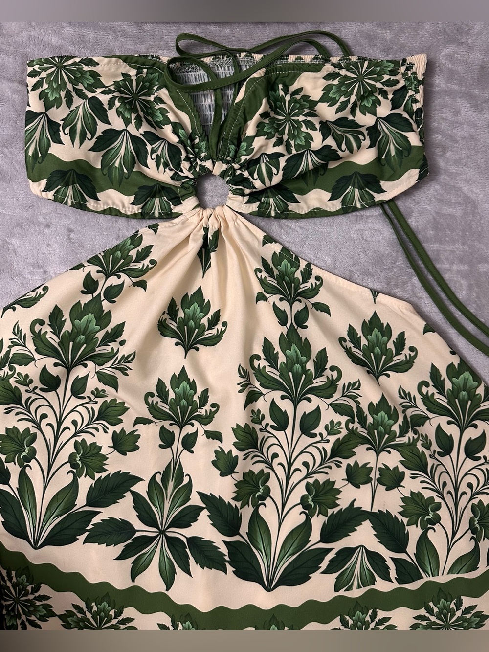 SHEIN Green Cream Damask Floral Cutout O-Ring Halter Dress Size M (0164)